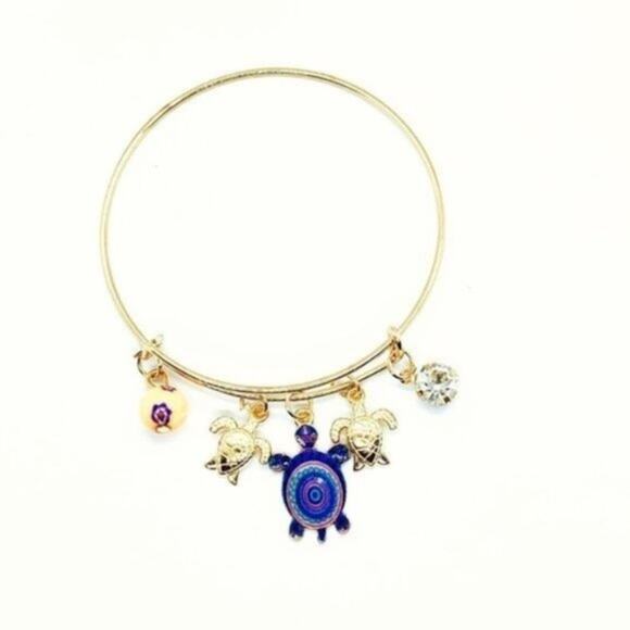 Beaded Sea Turtle Charm Colorful Bangle Bracelet - Picture 1 of 5